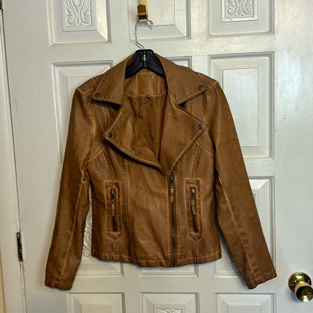 Max Studio Brown Moto Jacket Lined With Zipper Closure Front XS
